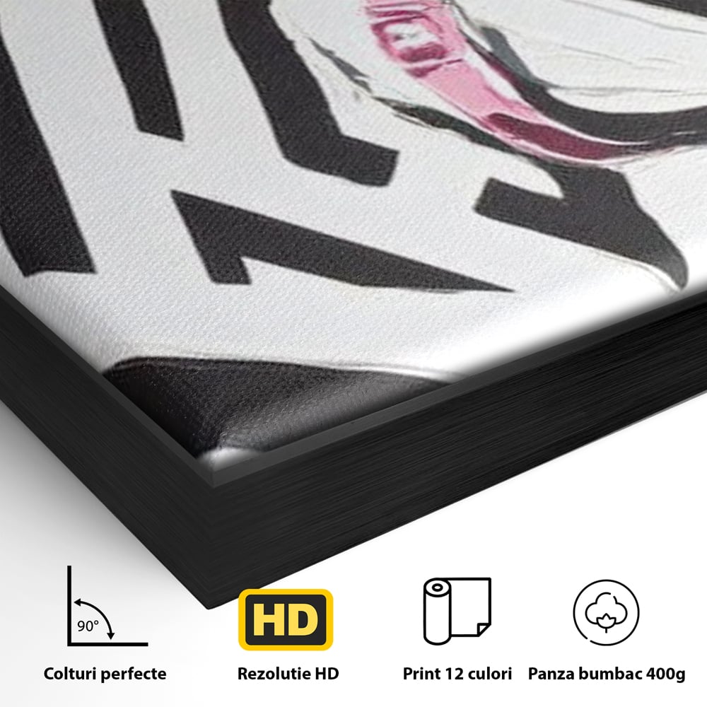 Detaliu al suprafetei: tablou canvas cu cap de armasar, in rama de aluminiu negru